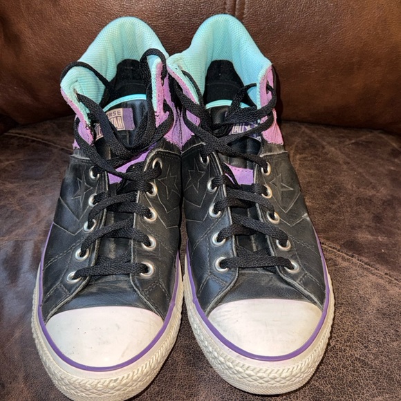 Converse Men’s Chuck Taylor Black, Purple, and Teal Leather Sneakers - Picture 2 of 12